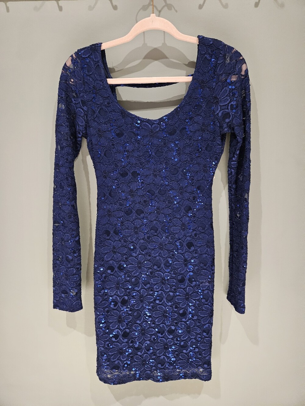 SAPHIRE DOLLS MEDIUM Navy Blue Long Sleeve Sequin Lace Dress - Women's